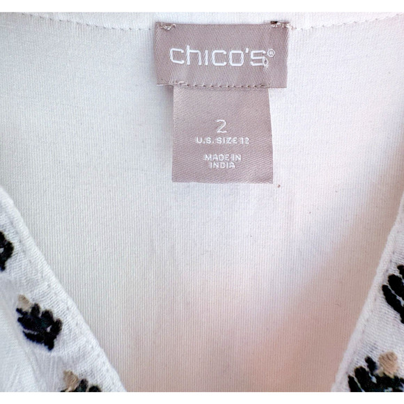 CHICOS Embroidered Shift Dress White Black Gauze Cotton Size 2 (12) Boho Cottage - Picture 4 of 11